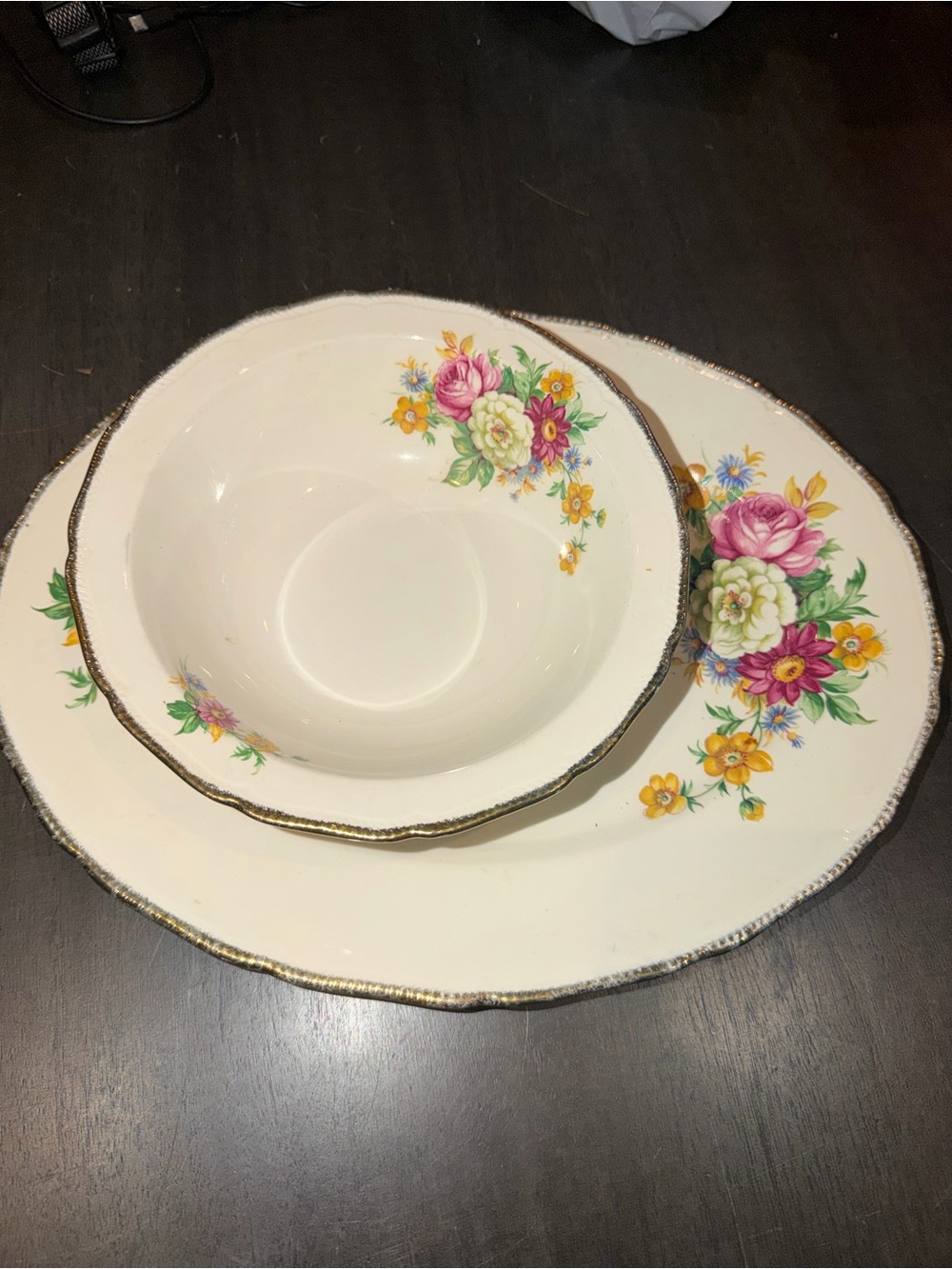 Classic Floral Porcelain Bowl and Plate Set with Gold Trim - White